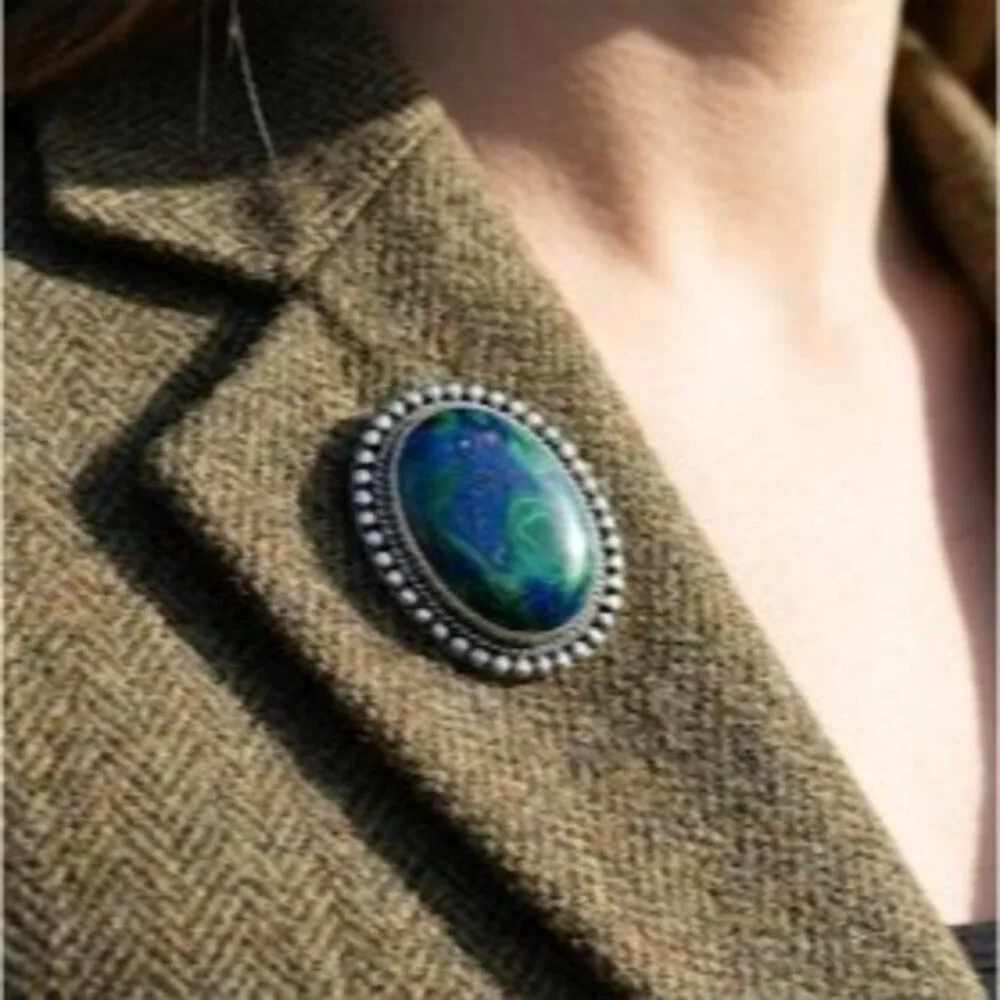 Vintage 925 Sterling Silver Azurite Malachite Oval Brooch Pin Southwestern Style